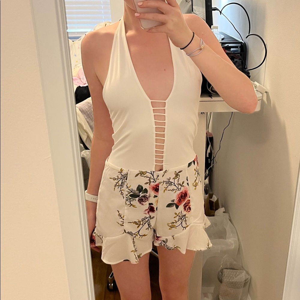 White Halter Neck Ladder Criss Cross Floral Romper